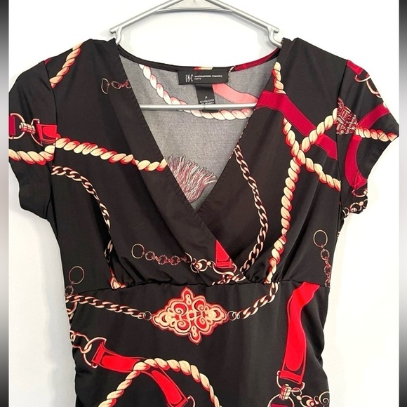 INC International Concepts - Black v-neck top with red/gold design - Picture 3 of 6